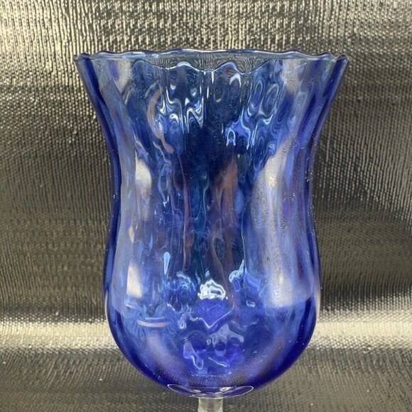 Vintage Venetian Tall Optic Pattern Goblet Compote Cup Cobalt Blue Stem Glass - Picture 11 of 14